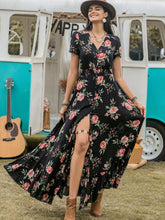 Split Printed V-Neck Short Sleeve Dress Black OutfitFlow